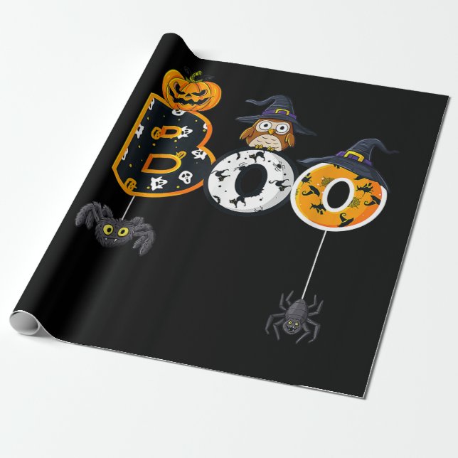 Halloween Boo Owl With Witch Hat Spiders Boys Girl Wrapping Paper (Unrolled)
