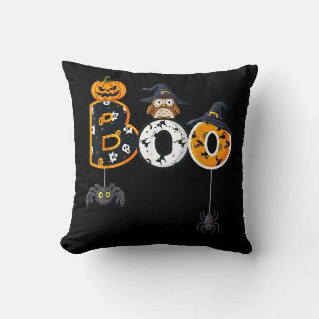 Halloween Boo Owl With Witch Hat Spiders Cushion (Front)