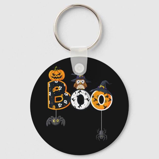 Halloween Boo Owl With Witch Hat Spiders Key Ring (Front)