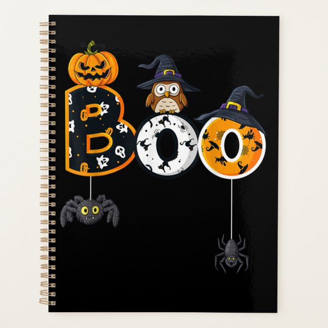 Halloween Boo Owl With Witch Hat Spiders Planner (Front)