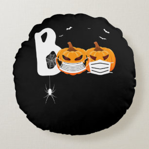 Halloween Boo Scary Pumpkins Wearing Mask Spider Round Cushion