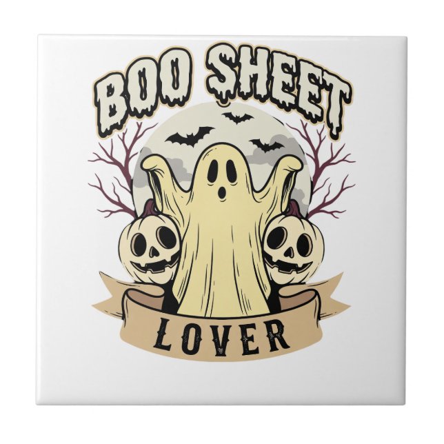 Halloween Boo Sheet Lover Ghost Moon Ceramic Tile (Front)