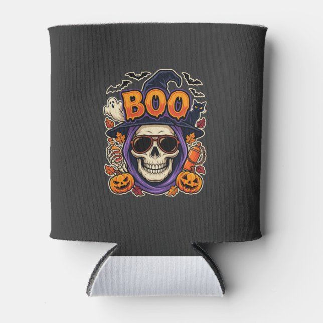 Halloween Boo Skull Sunglasses Vector Can Cooler (Front)