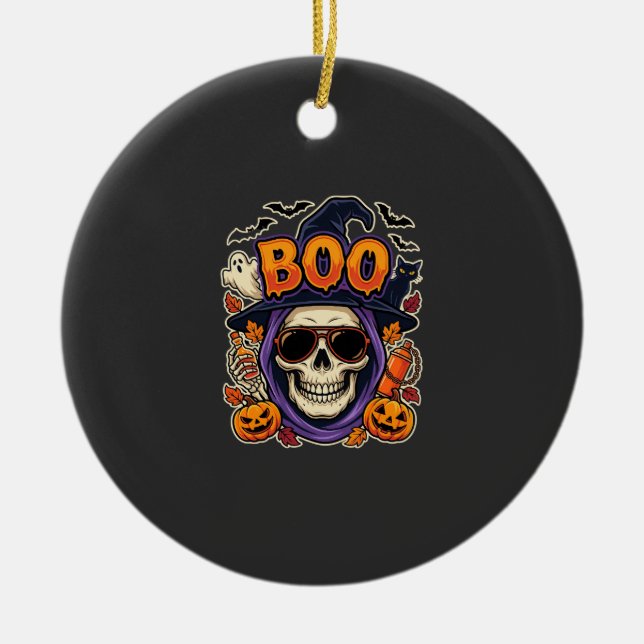 Halloween Boo Skull Sunglasses Vector Ceramic Ornament (Front)
