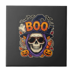 Halloween Boo Skull Sunglasses Vector Ceramic Tile