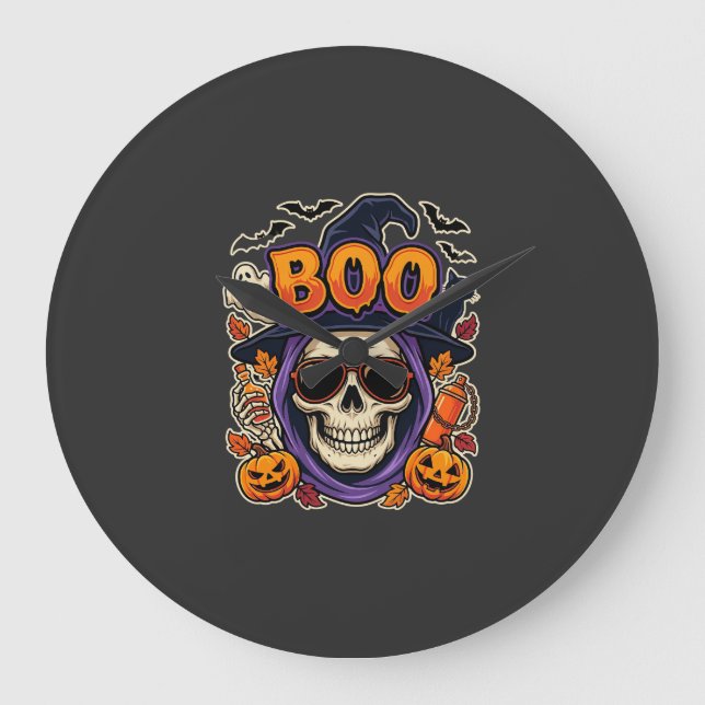 Halloween Boo Skull Sunglasses Vector Large Clock (Front)