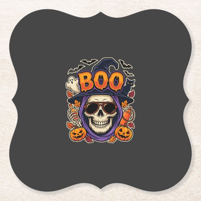 Halloween Boo Skull Sunglasses Vector Paper Coaster (Front)
