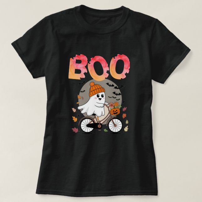 Halloween Boo-tiful Cute Ghost on a Bike T-Shirt (Design Front)