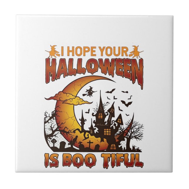 Halloween Boo Tiful Haunted House Crescent Moon Ba Ceramic Tile (Front)