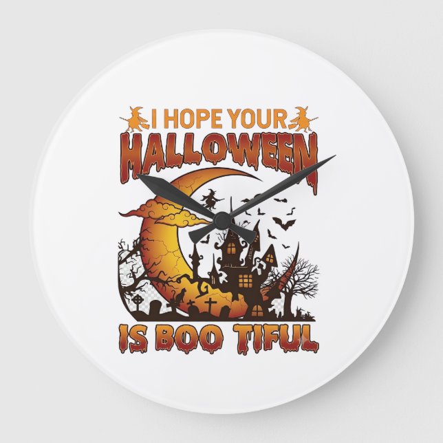 Halloween Boo Tiful Haunted House Crescent Moon Ba Large Clock (Front)