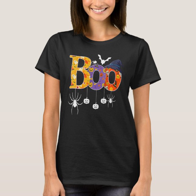 Halloween Boo With Spiders And Witch Hat Boys Girl T-Shirt (Front)
