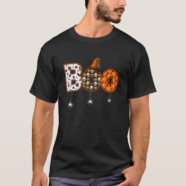 Halloween Boo With Witch Hat Spider Scary Hallowee T-Shirt (Front)