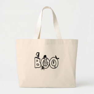 Halloween Boo with Witches Hat Black Cat Spider Large Tote Bag