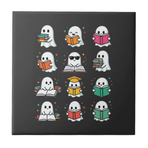 Halloween Book Reading Ghosts Kawaii Library Desig Ceramic Tile