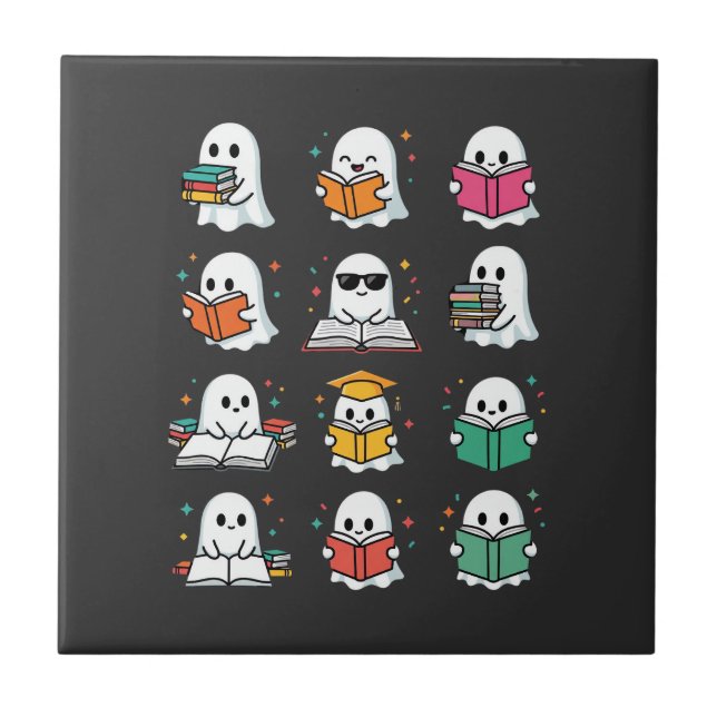 Halloween Book Reading Ghosts Kawaii Library Desig Ceramic Tile (Front)