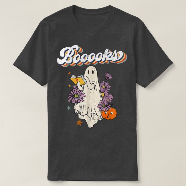 Halloween Booooks Cute Ghost Reading Library Books T-Shirt (Design Front)