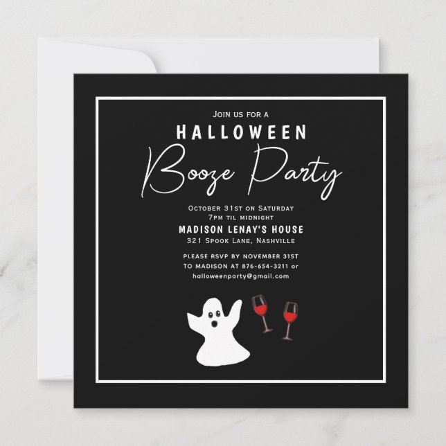 Halloween Booze Party Black White Ghost Invitation (Front)