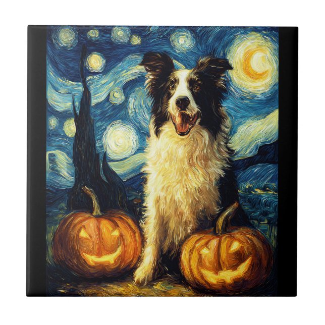 Halloween Border Collie Fall Pumpkin Ceramic Tile (Front)