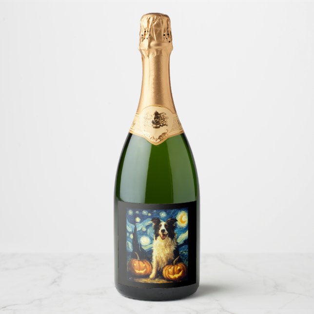 Halloween Border Collie Fall Pumpkin Sparkling Wine Label (Front)