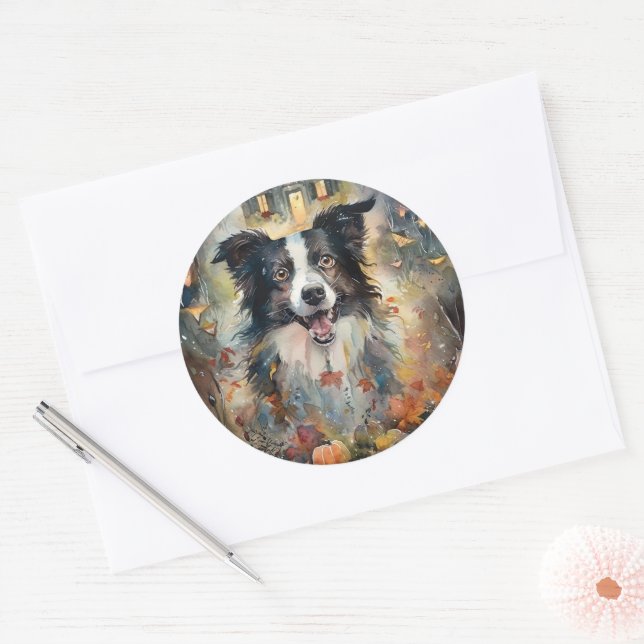 Halloween Border Collie With Pumpkins Scary Classic Round Sticker (Envelope)