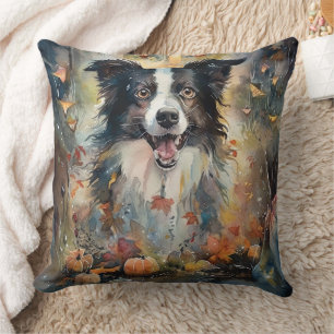 Halloween Border Collie With Pumpkins Scary Cushion