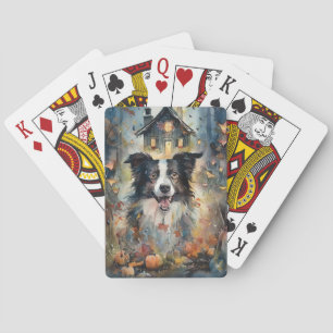 Halloween Border Collie With Pumpkins Scary Playing Cards