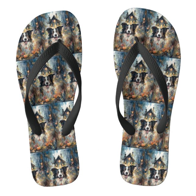 Halloween Border Collie With Pumpkins Scary Thongs (Footbed)