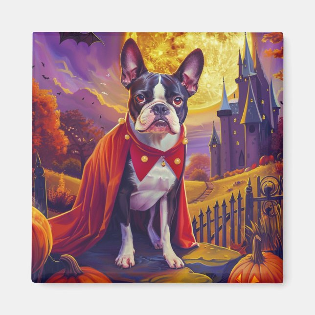 Halloween Boston Terrier Dog Pumpkins Scary  Magnet (Front)