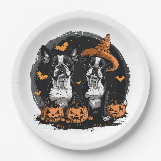 Halloween Boston Terrier Dogs Paper Plate (Front)