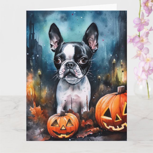 Halloween Boston Terrier With Pumpkins Scary  Card (Orchid)