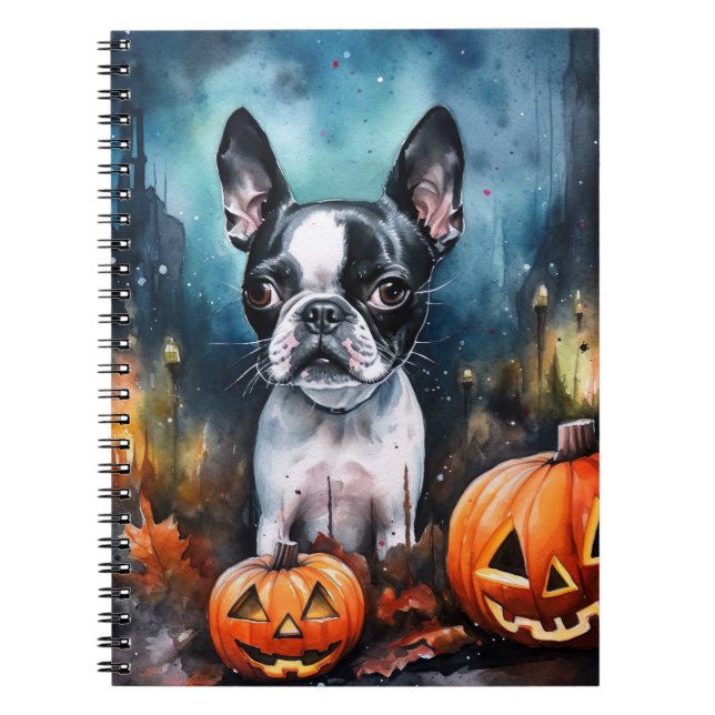 Halloween Boston Terrier With Pumpkins Scary  Notebook (Front)
