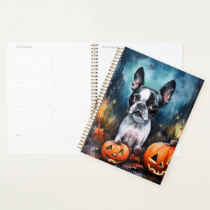 Halloween Boston Terrier With Pumpkins Scary Planner