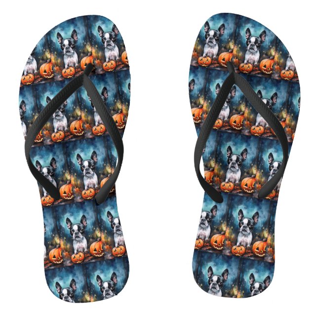 Halloween Boston Terrier With Pumpkins Scary  Thongs (Footbed)
