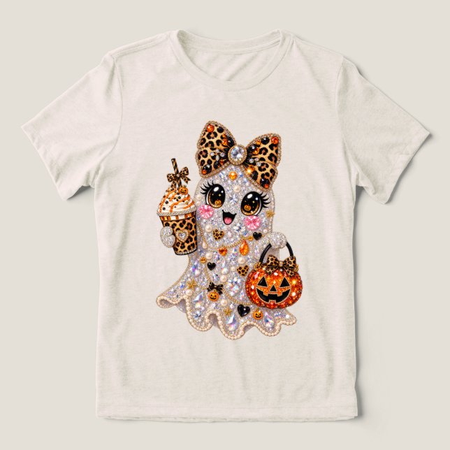 Halloween Boujee Ghost Rhinestone Leopard Bling Tri-Blend Shirt (Design Front)
