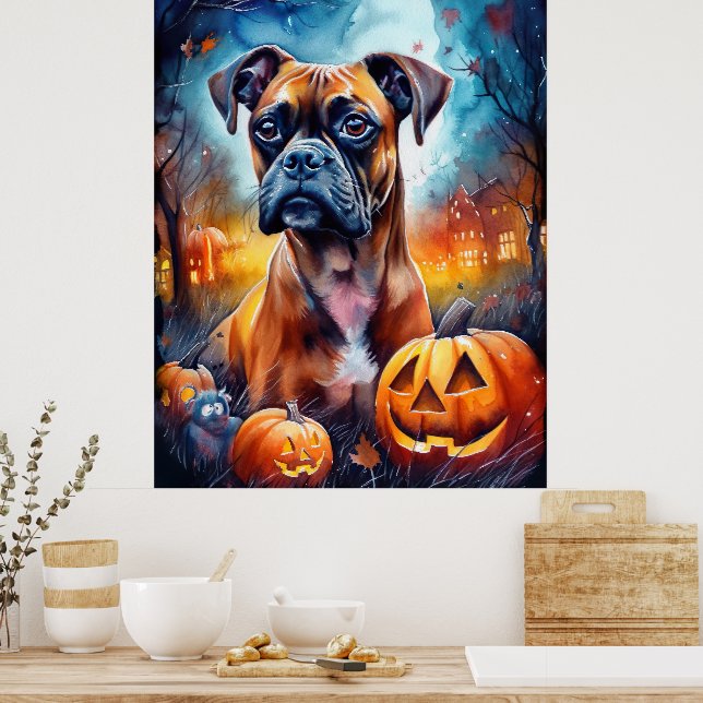 Halloween Boxer With Pumpkins Scary Poster (Kitchen)