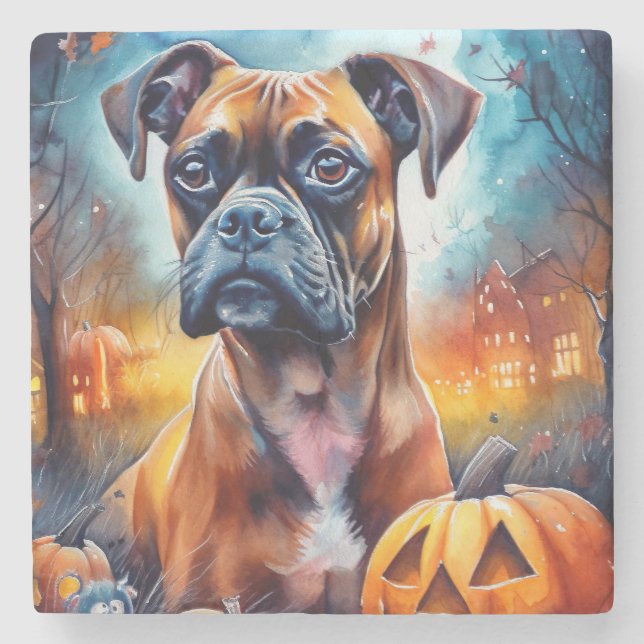 Halloween Boxer With Pumpkins Scary Stone Coaster (Front)
