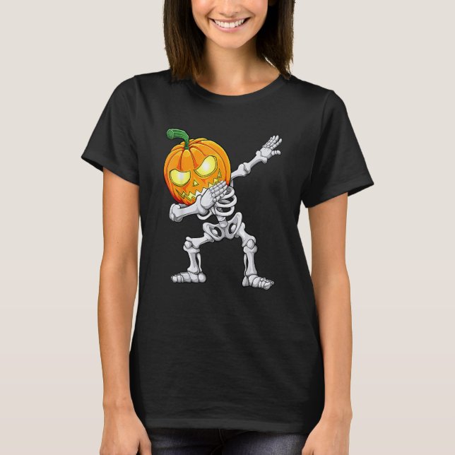 Halloween Boys Dabbing Skeleton Scary Pumpkin Jack T-Shirt (Front)