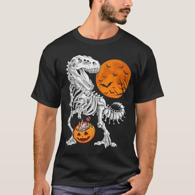 Halloween Boys Dinosaur Skeleton T rex Scary Pumpk T-Shirt (Front)