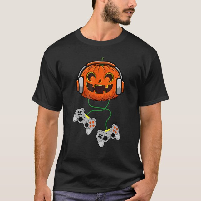 Halloween Boys Gamers Gaming Cool Pumpkin Play Vid T-Shirt (Front)