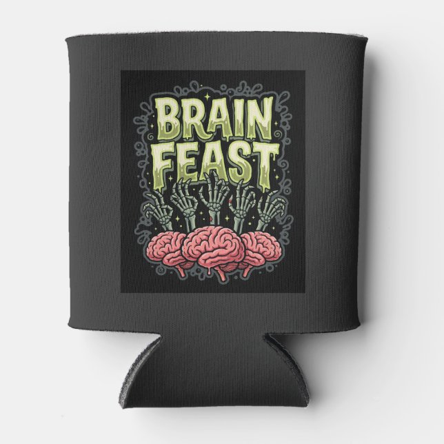 Halloween Brain Feast Zombie Hands Vector Design Can Cooler (Front)