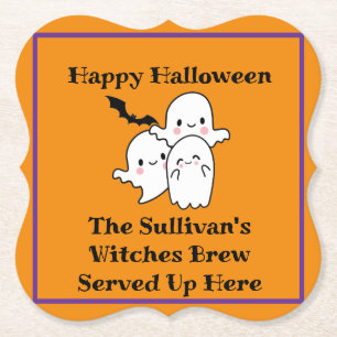 Halloween Brew Booze Personalize Ghost Bat Orange Paper Coaster