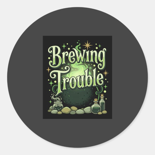 Halloween Brewing Trouble Witch Cauldron Potion De Classic Round Sticker (Front)