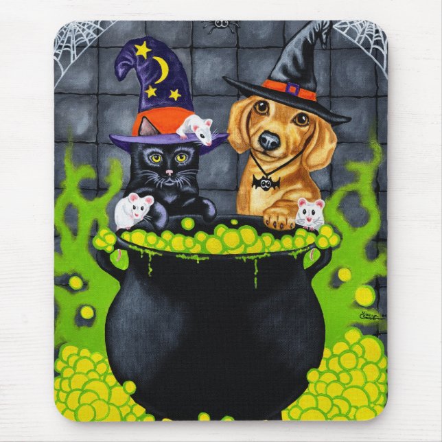 Halloween Brewing Up Trouble - Dachshund and Cat Mouse Pad (Front)