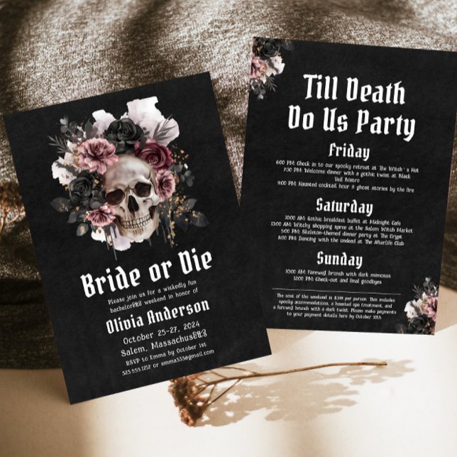 Halloween Bride or Die Floral Skull Bachelorette Invitation (Creator Uploaded)