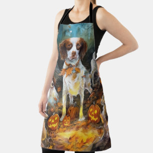 Halloween Brittany Spaniel With Pumpkins Scary Apron