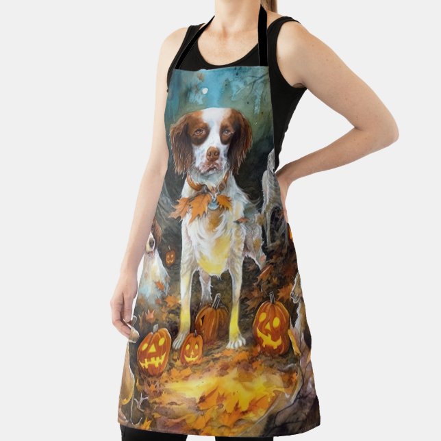 Halloween Brittany Spaniel With Pumpkins Scary Apron (Insitu)