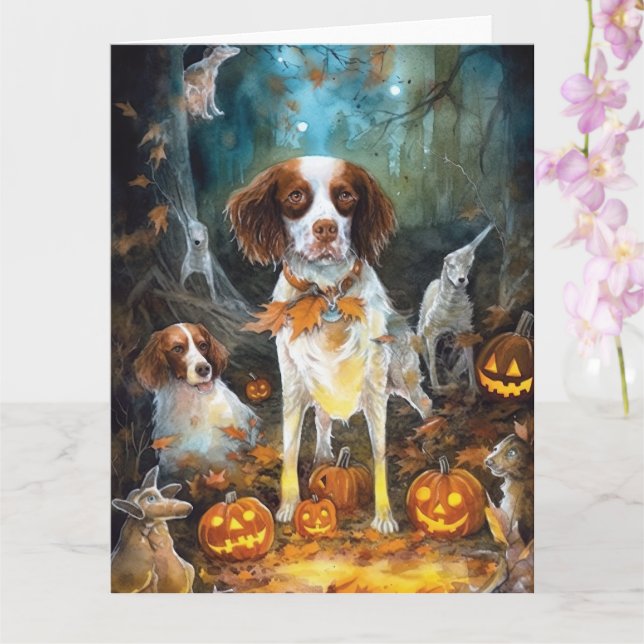 Halloween Brittany Spaniel With Pumpkins Scary Card (Orchid)