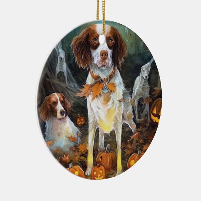 Halloween Brittany Spaniel With Pumpkins Scary Ceramic Ornament (Right)