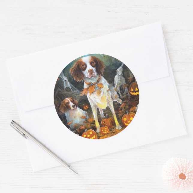 Halloween Brittany Spaniel With Pumpkins Scary Classic Round Sticker (Envelope)