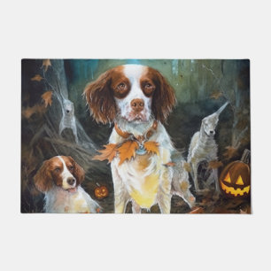 Halloween Brittany Spaniel With Pumpkins Scary Doormat